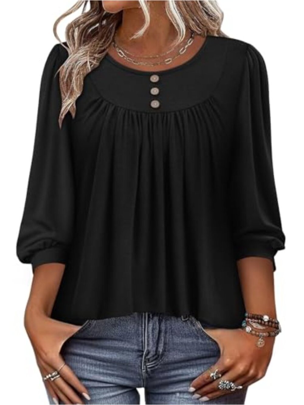 Puff Sleeve Satin Blouse 3/4 Sleeve Tunic Top Work Shirt